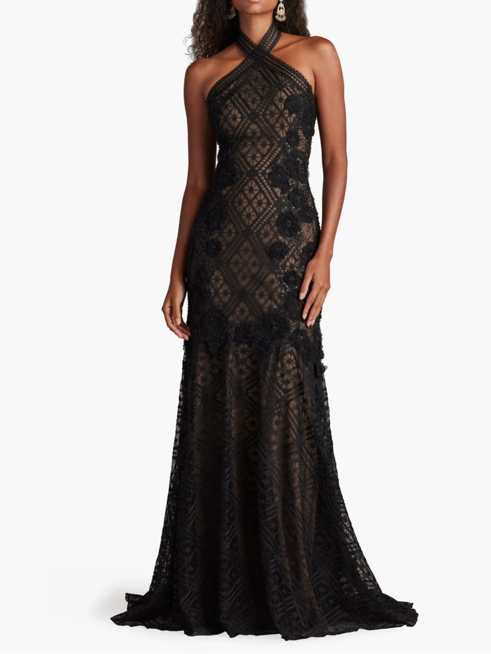 Tadashi Shoji Embroidered Sequin Lace Halter Neck Gown